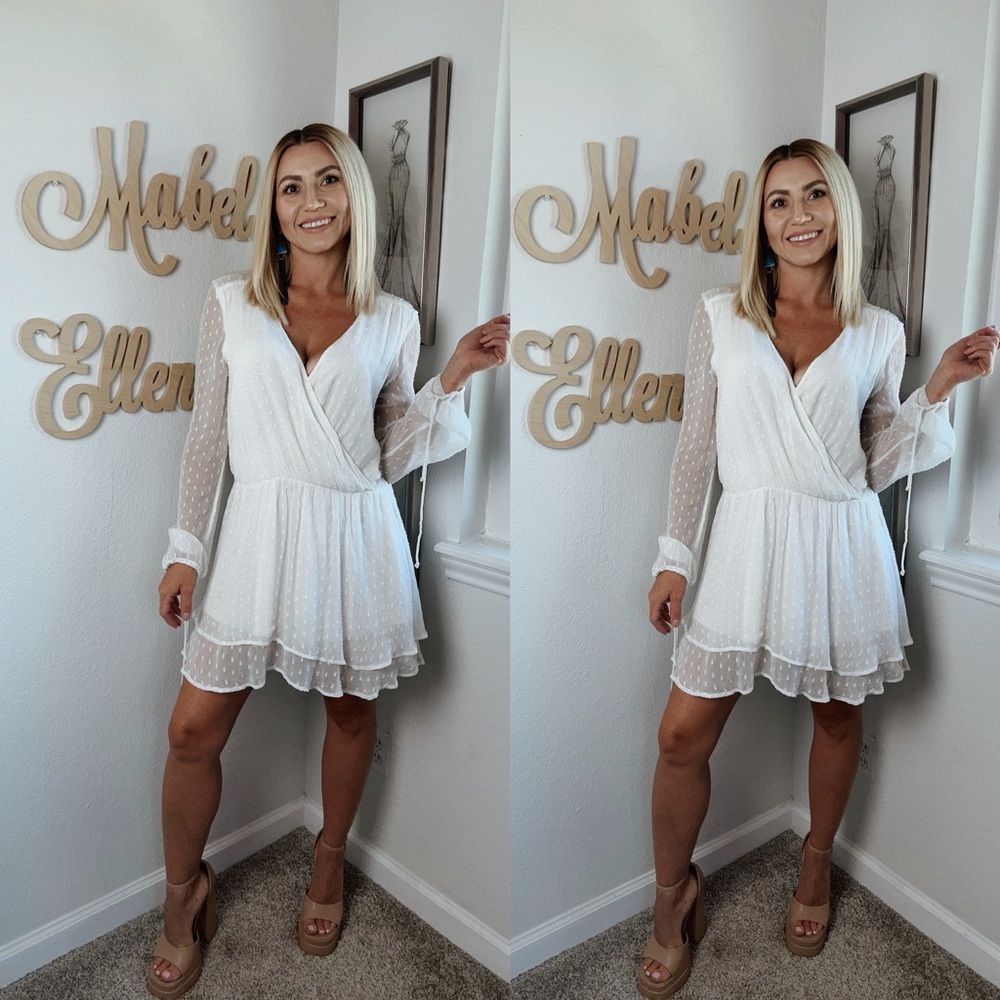 Free People elegant Dahlia white Swiss dot sheer long sleeve babydoll dress XS